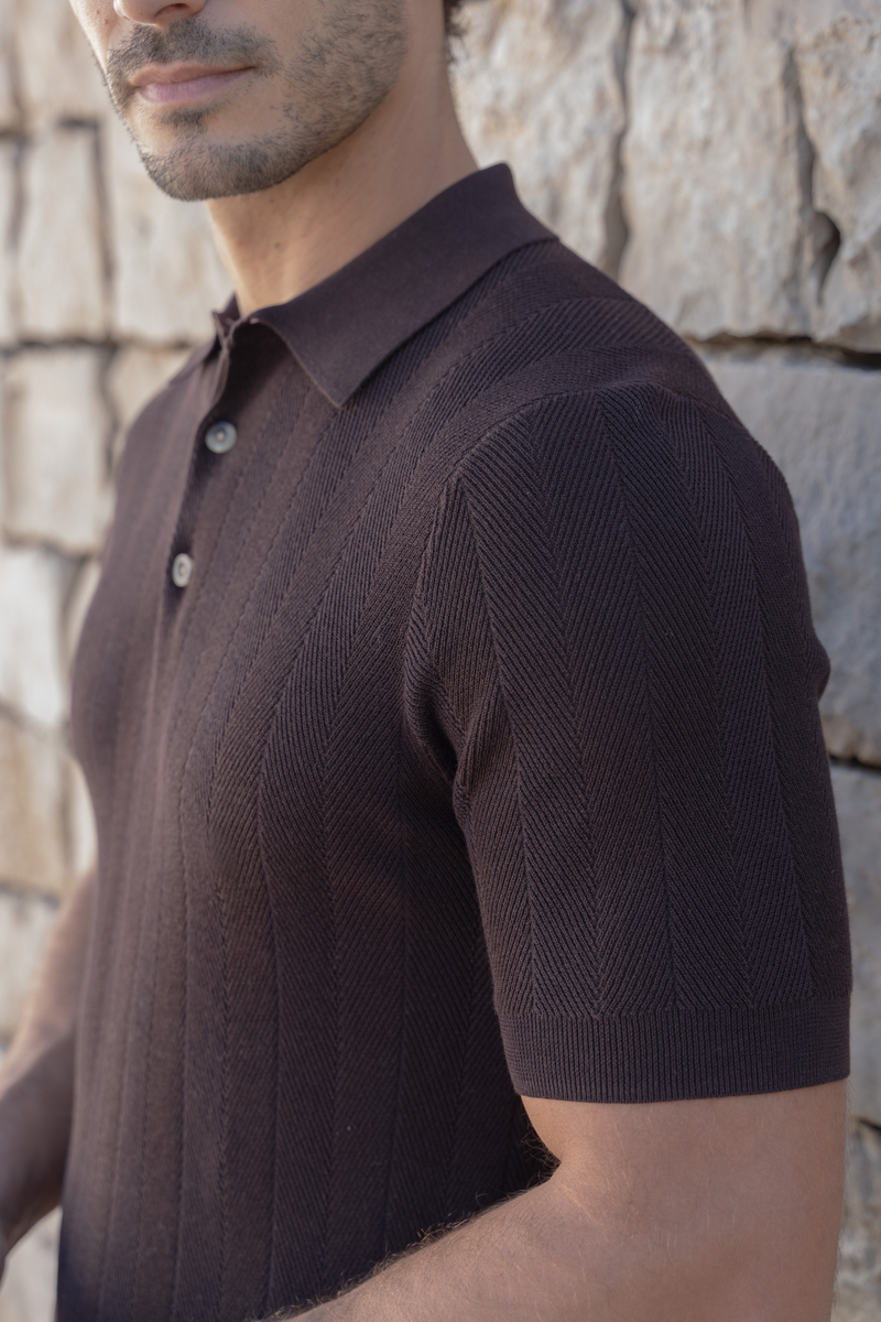 Structured Knitted Polo — Dark Brown