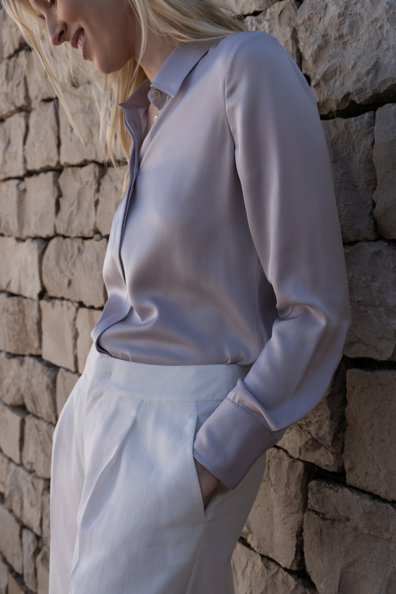 Silk Blouse Concealed Placket — Light Purple