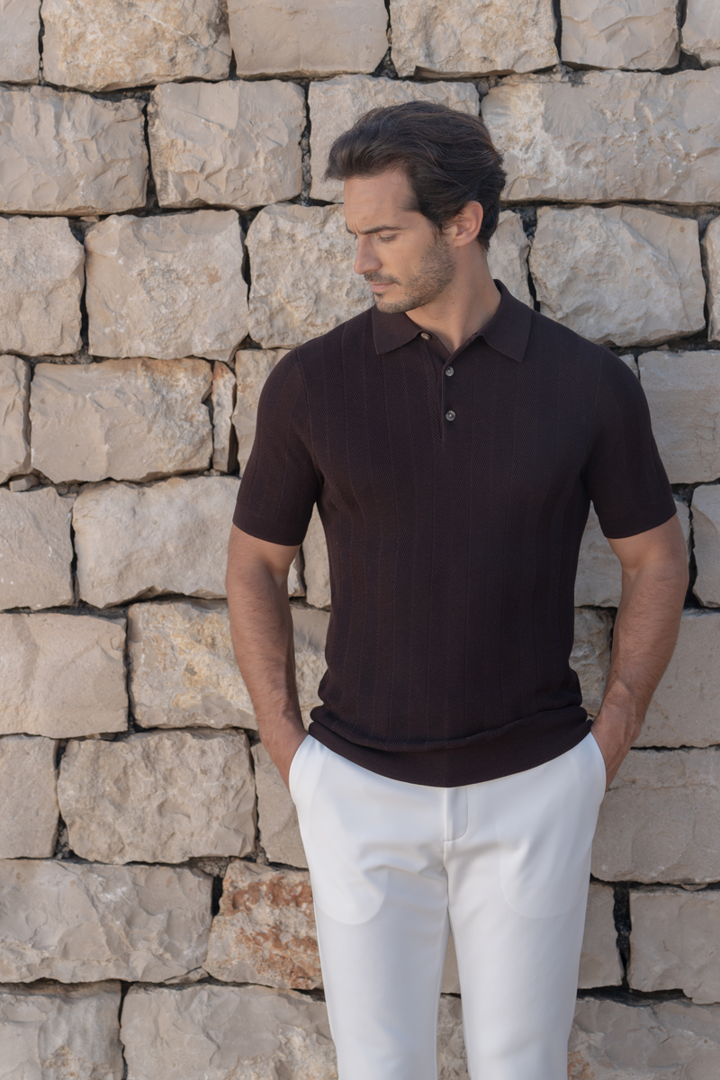 Structured Knitted Polo — Dark Brown