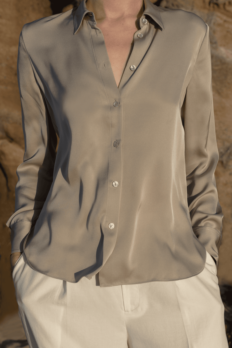 Silk Blouse Open Placket — Silver Grey