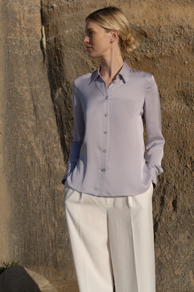 Silk Blouse Open Placket â€” Light Purple