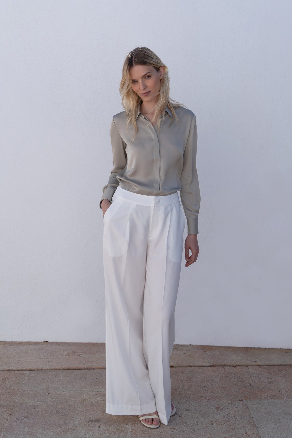 Silk Blouse Concealed Placket, Silver Grey