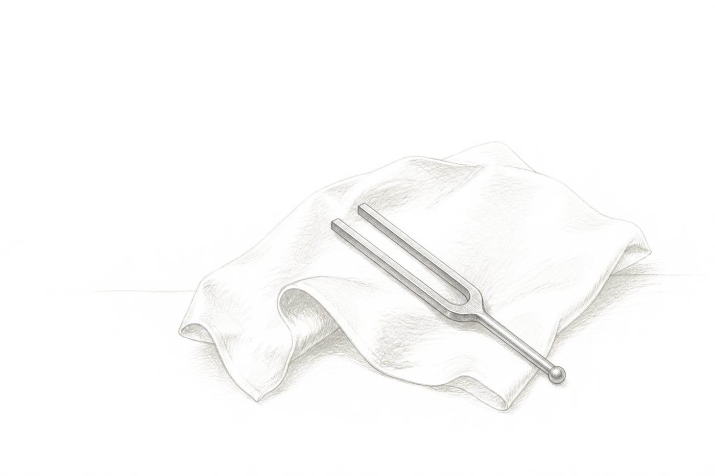 Pencil drawing of a tuning fork lying on a folded piece of cloth