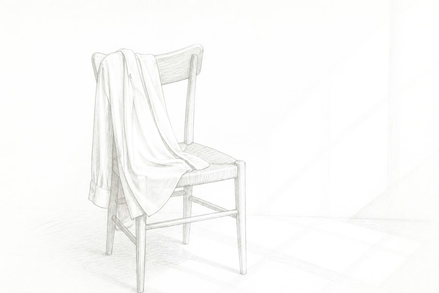 Pencil drawing of a shirt laid over a wooden chair, light falling in from a window