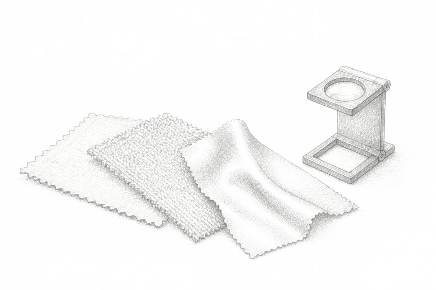 Pencil drawing of three cloth swatches, woven, knitted and silk, beside a folding linen tester